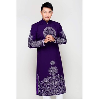 (HOT) Áo dài cách tân nam màu tím trang nhã họa tiết vẽ tay độc đáo