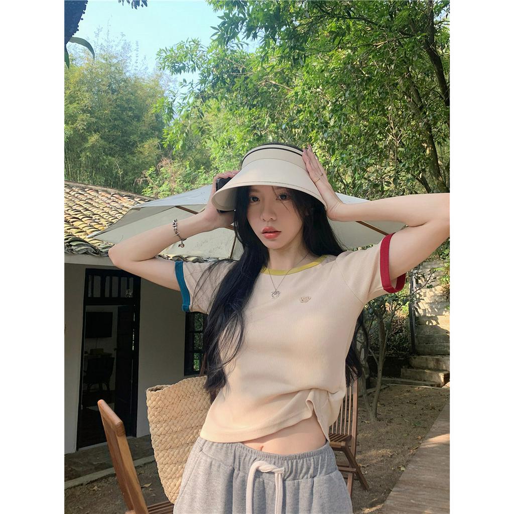 ZHELIHANGFEI Áo Thun Cotton Tay Ngắn Hở Vai Màu Sắc Tương Phản Thời Trang Dành Cho Nữ