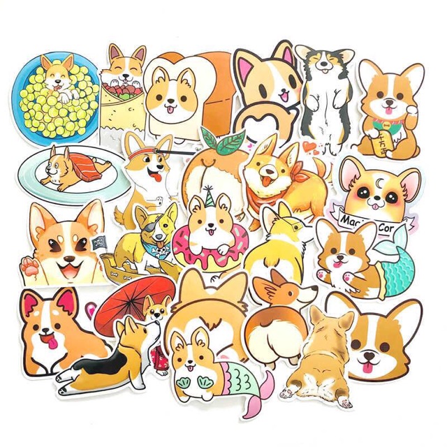Sét 30-50 Sticker chó corgi ép lụa , hình dán corgi có đề can bóc dán
