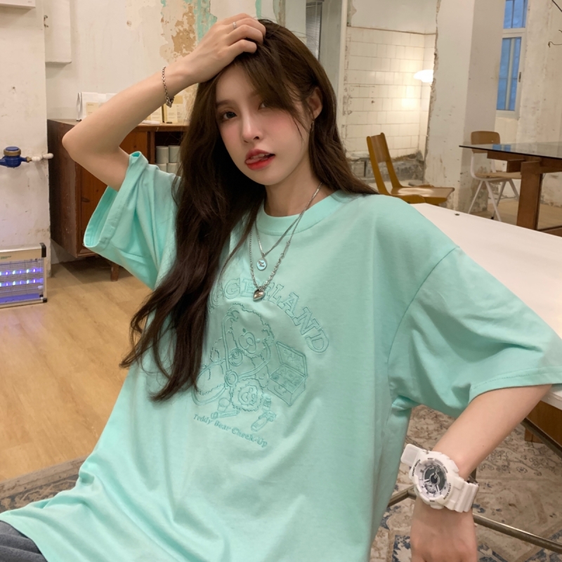 Áo thun ngắn tay thêu họa tiết xinh xắn dành cho nữ