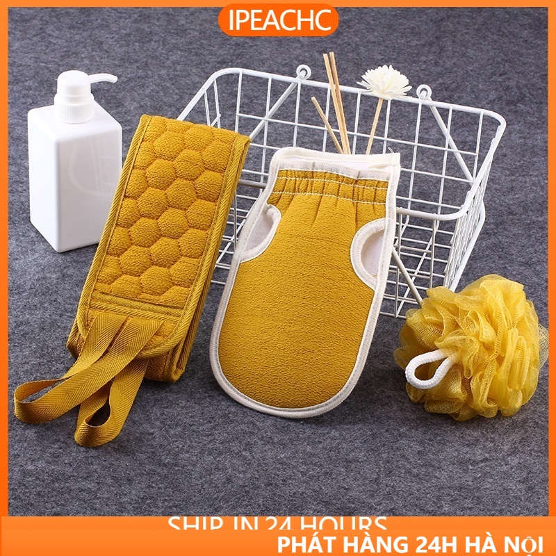 Găng Tay kỳ ghét，Găng Tay tẩy tế bào chết + Khăn kỳ lưng+ Bông Tắm tạo bọt chống trượt dưỡng ẩm cho da,Set 3 Miếng