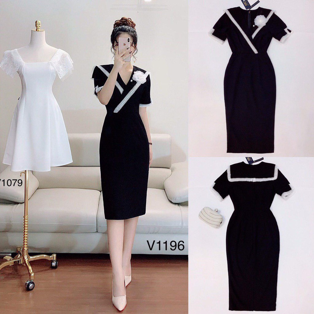 [ xả kho ] MiD Váy đen đính hoa cổ sang trọng viền cổ ren V1196 Mie Design kèm ảnh thật
