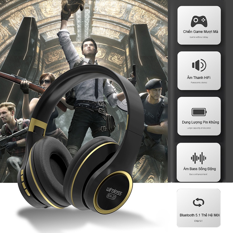 Tai nghe bluetooth chụp tai KH-20 có mic Tai nghe gaming âm thanh nổi Hifi bass mạnh, trải nghiệm âm thanh đỉnh cao