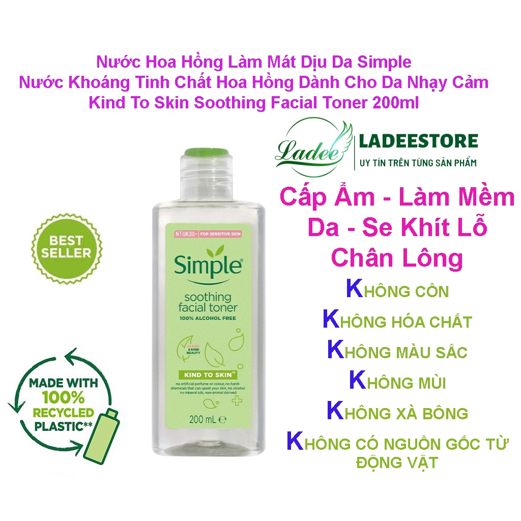 Nước Hoa Hồng Làm Mát Dịu Da Simple, Nước Cân Bằng Da Dành Cho Da Nhạy Cảm Soothing Facial Toner 200ml