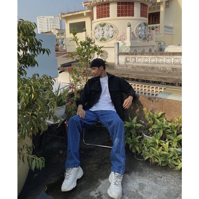 Jean OAO ống rộng xanh basic