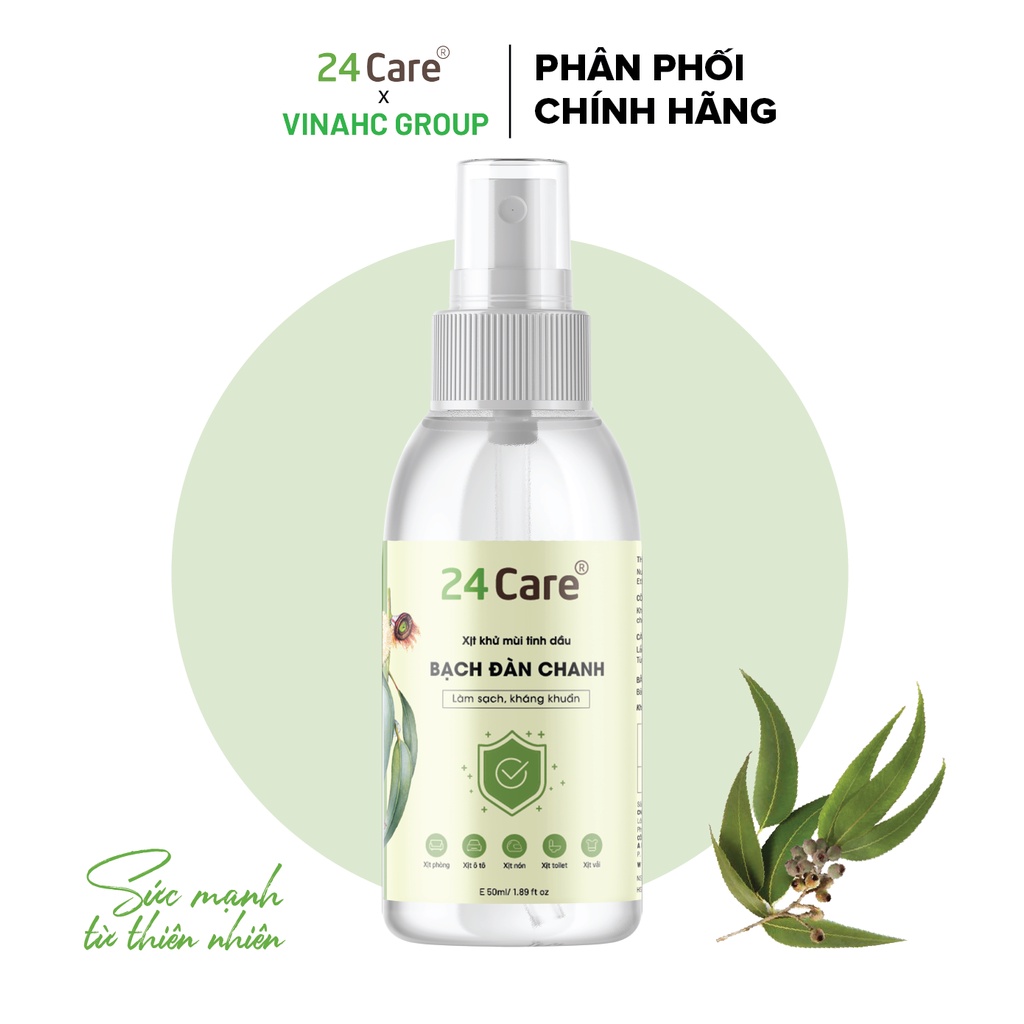 Xịt Phòng Tinh Dầu Bạch Đàn Chanh Hữu Cơ Organic 24Care 50ML - Kháng khuẩn - Khử mùi hôi - Đuổi muỗi, côn trùng