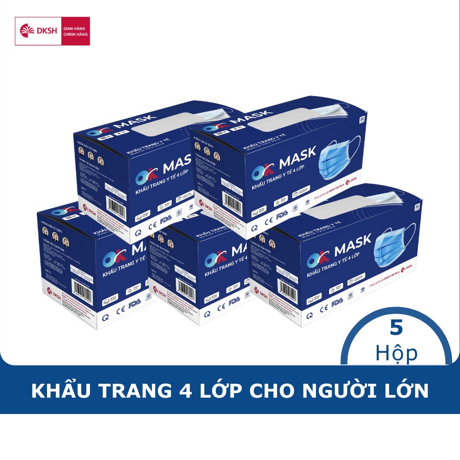 Combo 5 Hộp Khẩu Trang Y Tế Cao Cấp Ok Mask 4 Lớp, Đạt Chuẩn Kháng Khuẩn, Chất Liệu Mềm Mại