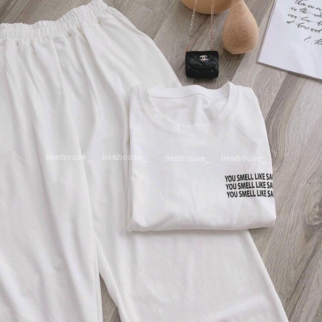 Quần trắng nữ cộng set áo cổ tròn Monster-style Unisex phông trơn cộc tay lỡ oversize trắng đen cotton | BigBuy360 - bigbuy360.vn