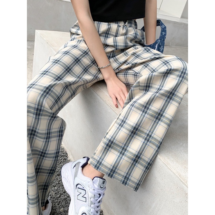 Quần Dài Nữ Ống Rộng Họa Tiết Caro Thời Trang Phong Cách