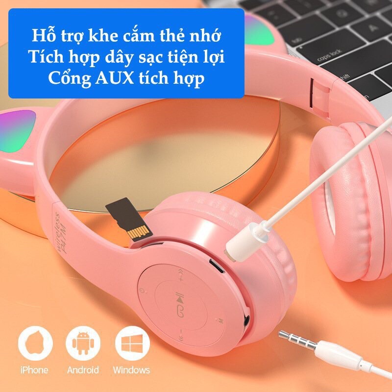 Tai Nghe Bluetooth Tai Mèo HOLOCOM P47M Có Đèn Led Nhiều Màu Xinh, Tai Nghe Chụp Tai Không Dây Có Mic Và Khe Cắm Thẻ Nhớ