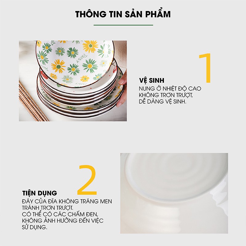Đĩa sứ, đĩa sứ trang trí họa tiết hoa lá xinh xắn loại tròn dùng cho bàn ăn và decor