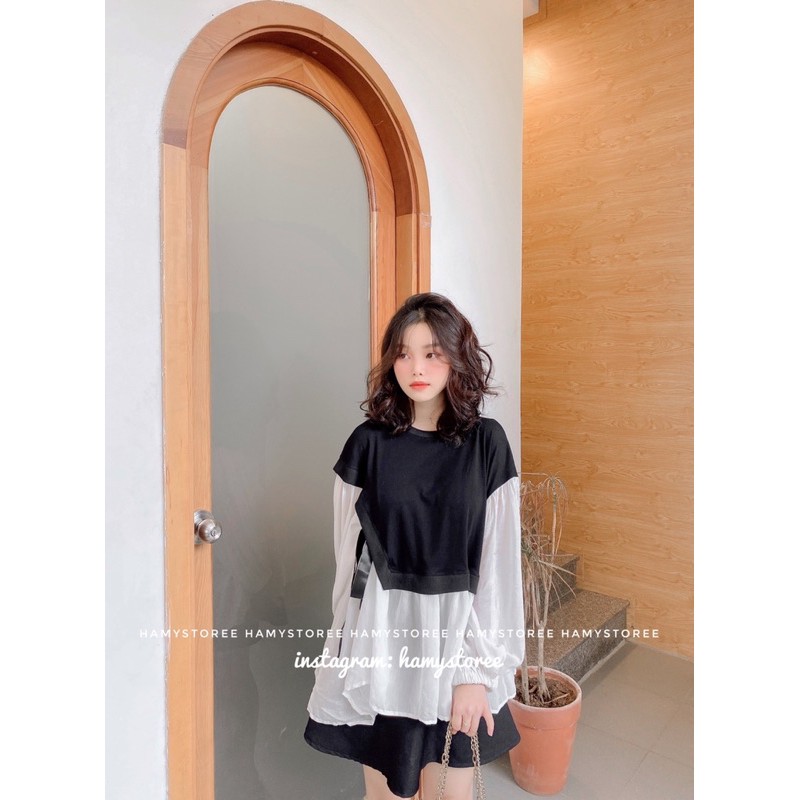 BW DOLL TOP - ÁO BABYDOLL PHỐI ĐEN TÀ LỤA TRẮNG CỘT NƠ HÔNG CỰC XINH