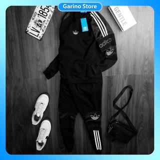 Bộ thu nỉ ba lá thu đông phong cách unisex phối vai, gấu