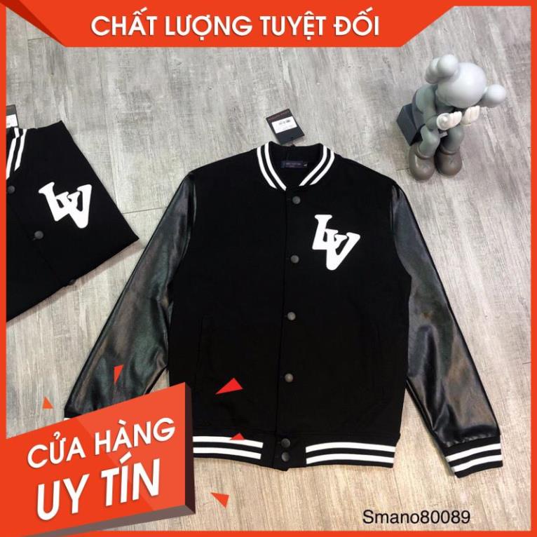 Áo khoác bomber nỉ tay da LV viền logo da ảnh thật, chất đẹp, mặc nam nữ đơn đôi nhóm