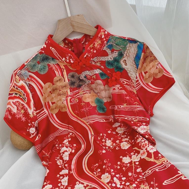 Đầm Body Đỏ Cổ Tàu, Sườn Xám Cách Tân Họa Tiết Ngày Tết Hàng Quảng Châu Form Dáng Siêu Đẹp. | BigBuy360 - bigbuy360.vn