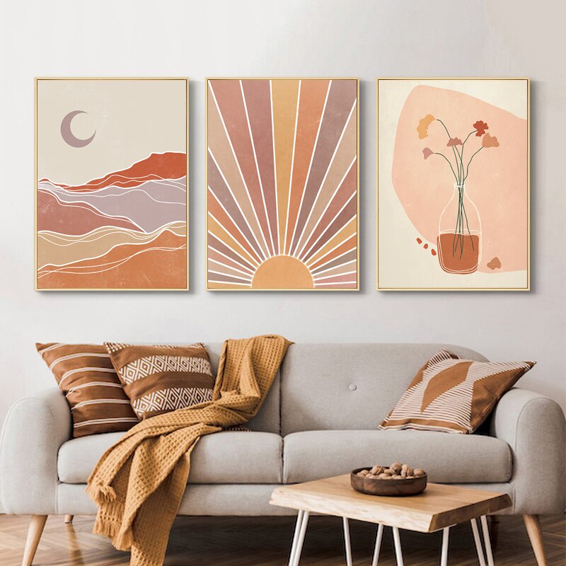 Tranh Vải Bạt Treo Tường In Hình Phong Cảnh Mặt Trăng Mặt Trời Phong Cách Boho Không Kèm Khung Trang Trí Phòng Khách