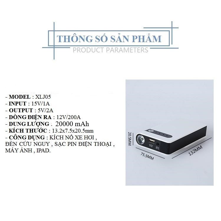 Thiết bị kích điện ô tô kiêm sạc dự phòng 20000mah cao cấp