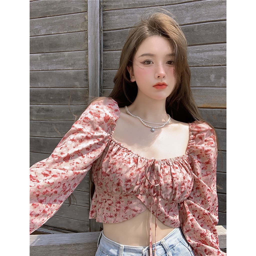 Cocory vn Áo croptop tay dài cổ vuông phối nơ cột đáng yêu cho nữ