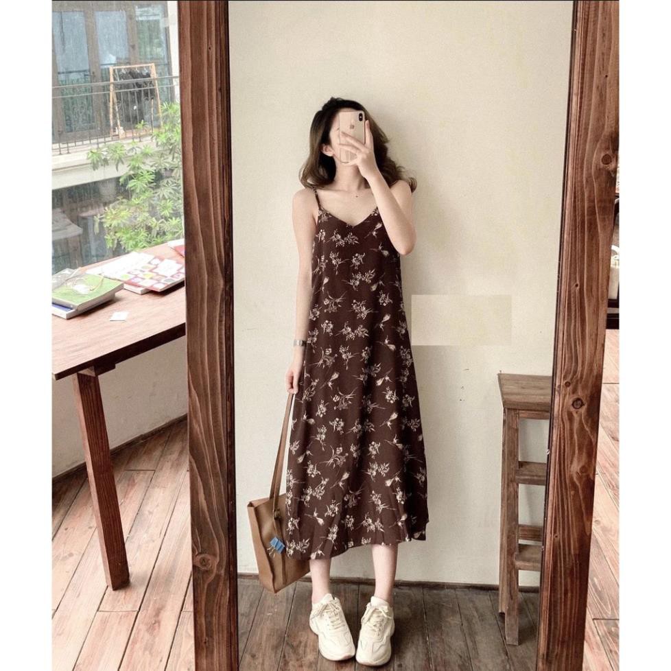 Váy 2 Dây Hoa Nhí Nâu PEONYB Nữ [FREESHIP] 🌸 Đầm midi 2s cổ V vintage, dáng suông mặc đi biển mùa hè Ulzzang HOT 🌸  ྇