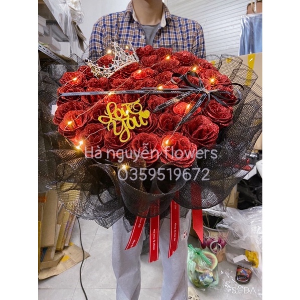 Hà nội ship hoả tốc- bó hoa hồng nhũ 30 bông kết hợp vương miệng tặng full phụ kiện và thiệp