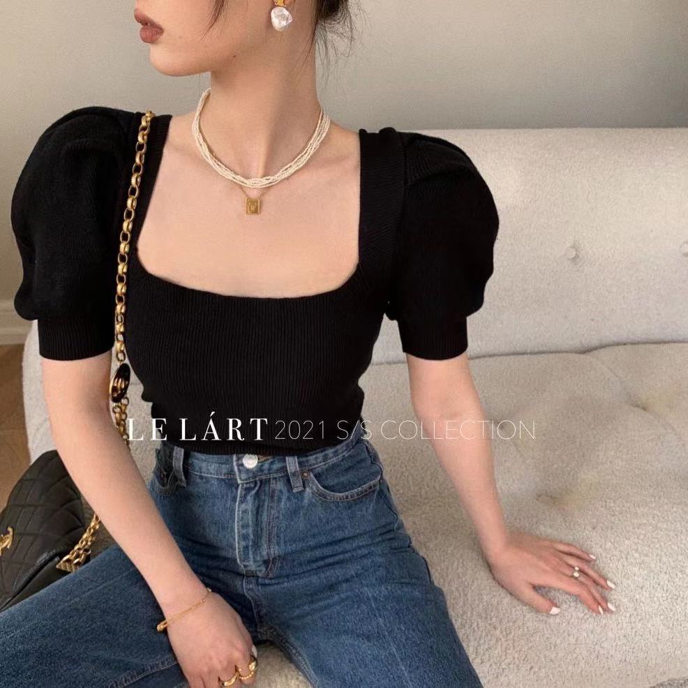 Áo Len Tay Ngắn Cổ Vuông Quyến Rũ Trẻ Trung Hợp Thời Trang