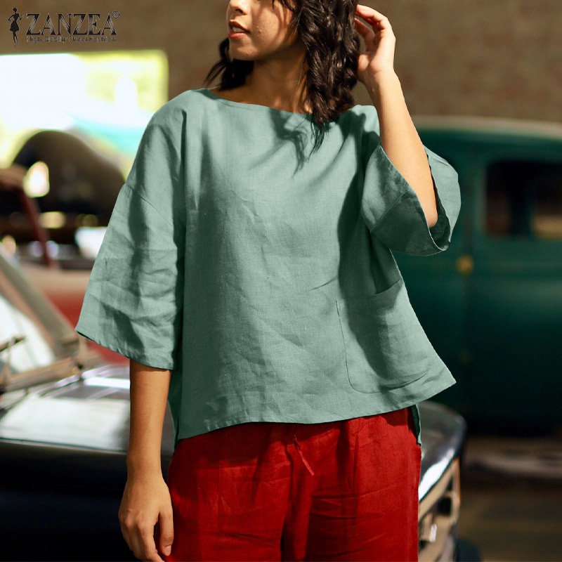 Zanzea Áo Sơ Mi Tay Lửng 3 / 4 Cổ Tròn Màu Trơn Phong Cách Châu Âu Cho Nữ