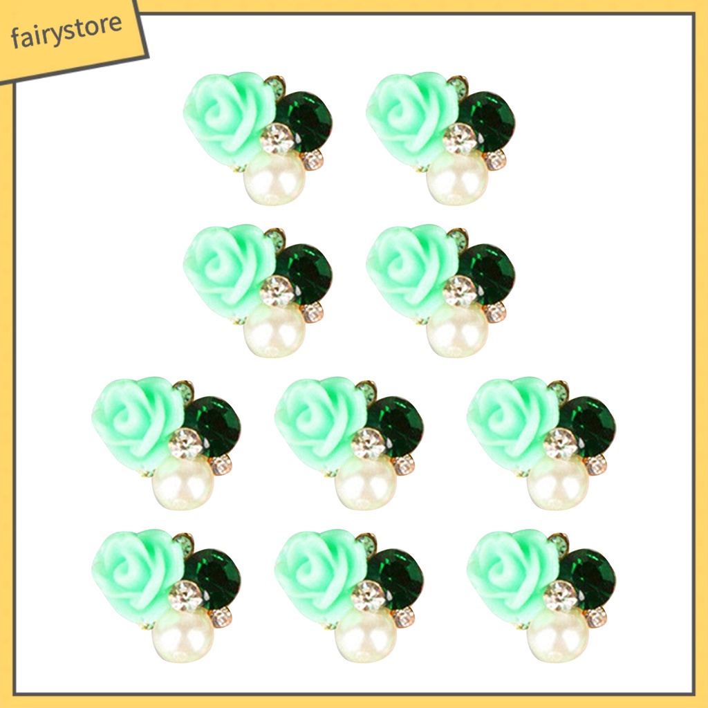 FS_10 Pcs 3D Rose Flower Nail Art Stickers Tips Studs Rhinestone Nail Decor Jewelry