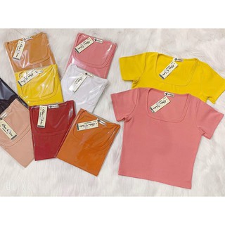 Áo Thun Cổ Vuông Tay Ngắn Dáng Croptop Phong Cách Hàn Quốc