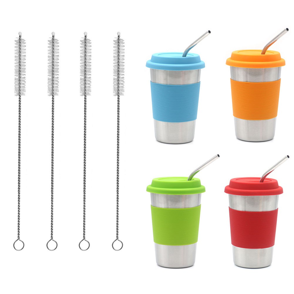 Tumbler with Straw Travel Mugs Straw Cup Stainless Steel Water Cup with Leakproof Lid Straws for Ice Cold Warm Drinking 500ml 4PCS 