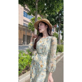 Đầm hoa tơ hàn - voan - cột eo