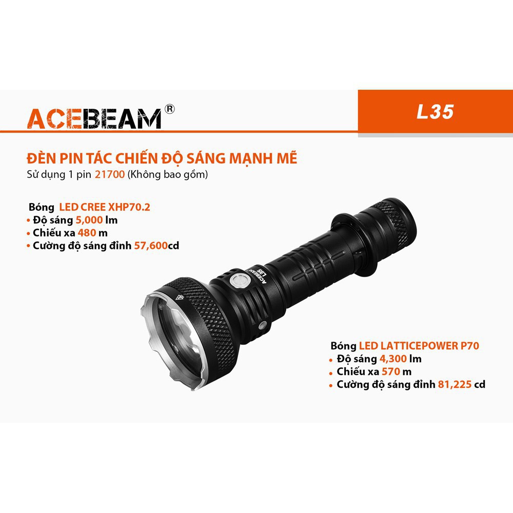 Đèn pin chuyên dụng ACEBEAM L35 bóng LED CREE XHP70.2 độ sáng 5000lm chiếu xa 480m ( không kèm pin )