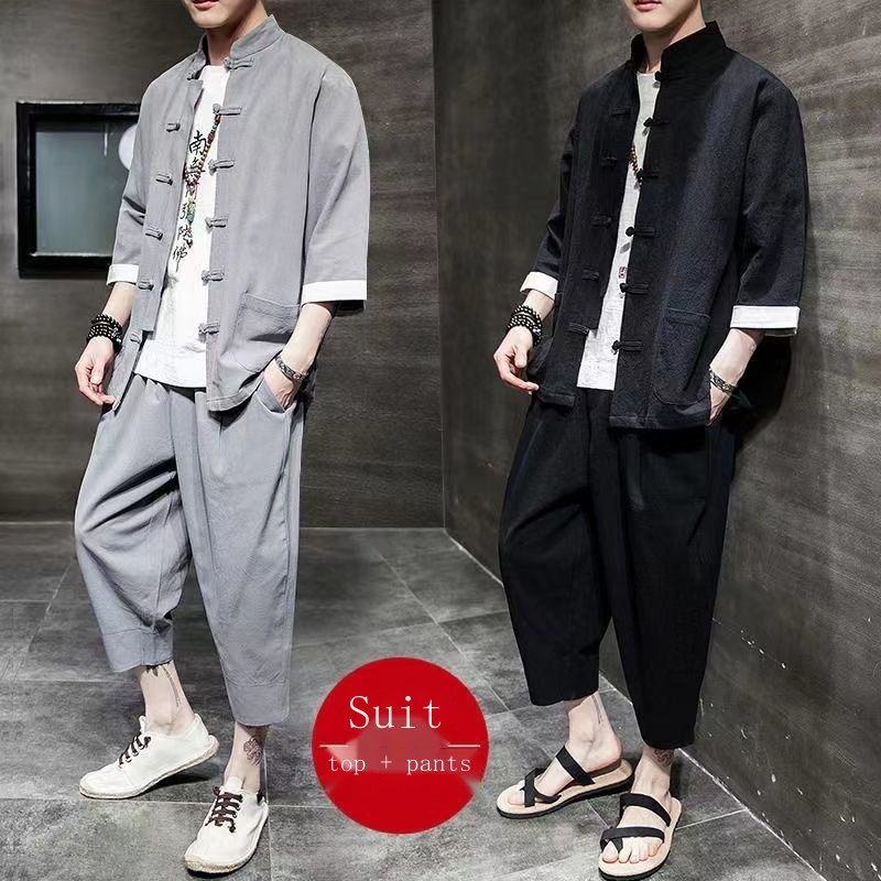 Áo Khoác Hán Phục Bằng Cotton Lanh Ba Nút Tay Áo Phong Cách Trung Hoa Cổ Điển Cho Nam