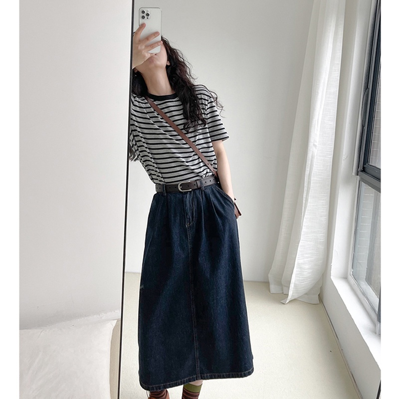 SUXI Áo thun tay ngắn cổ tròn họa tiết kẻ sọc phong cách Hàn Quốc mới thời trang mùa hè dành cho nữ