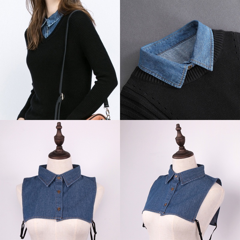 Cổ Áo Sơ Mi Giả Vải Denim Phối Nút Có Thể Tháo Rời Thời Trang Unisex