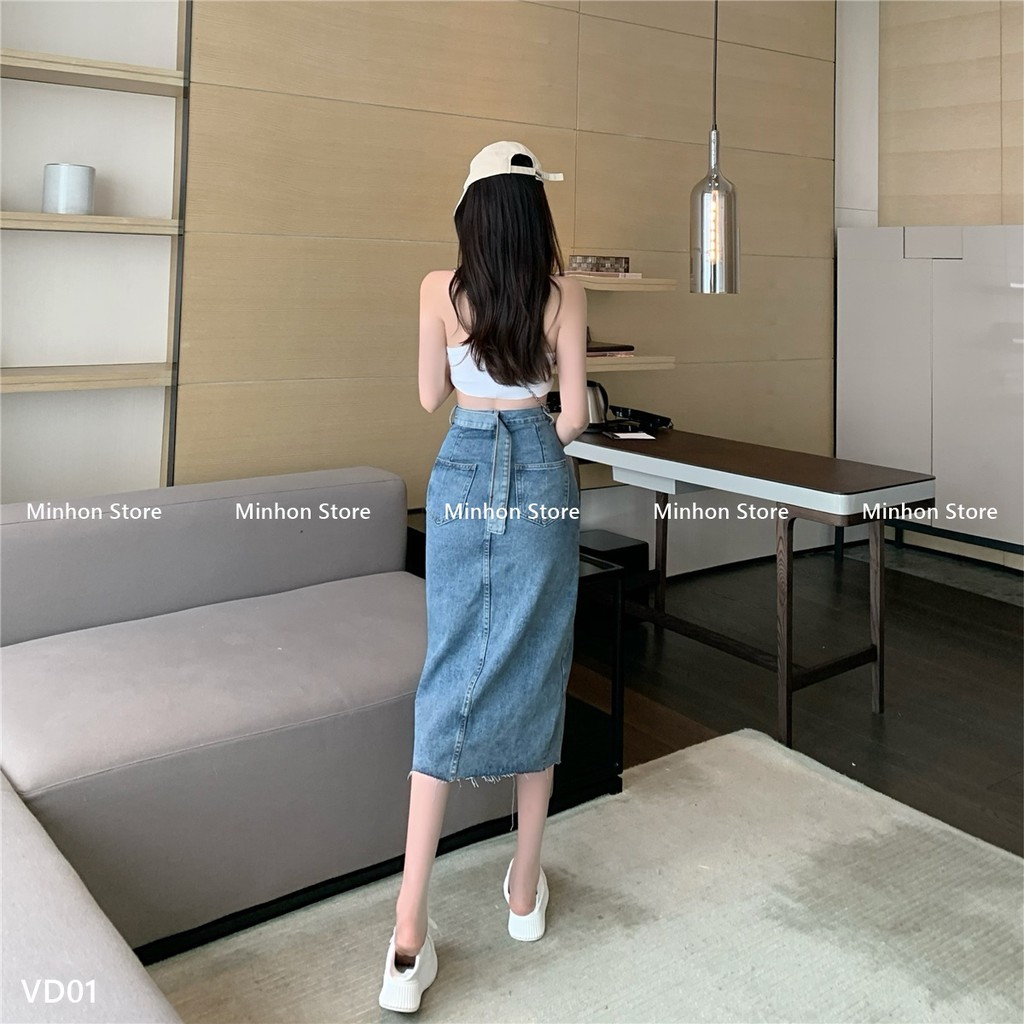 [Sẵn + Đai] Đầm Bò, Chân Váy Bò Dài Xẻ Tà Kèm Đai Nổi Bật, Trẻ Trung, Trendy (Minhon Store VD01) | BigBuy360 - bigbuy360.vn
