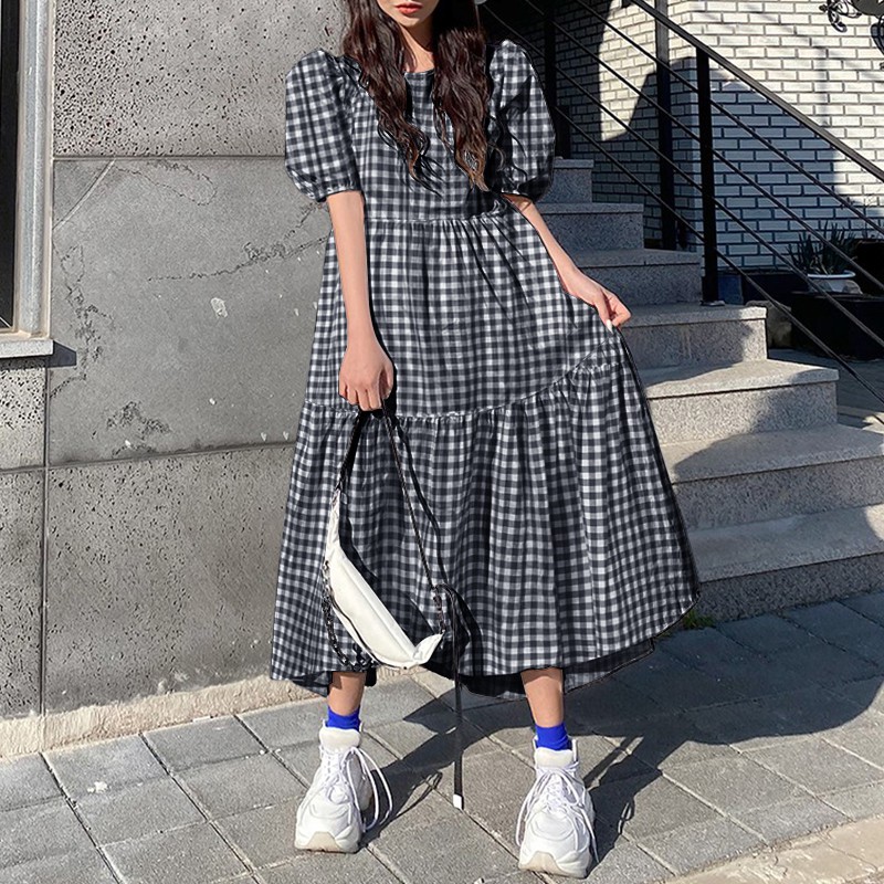 Đầm VONDA Ngắn Tay Họa Tiết Ca Rô Dáng Rộng Thời Trang Cho Nữ | BigBuy360 - bigbuy360.vn