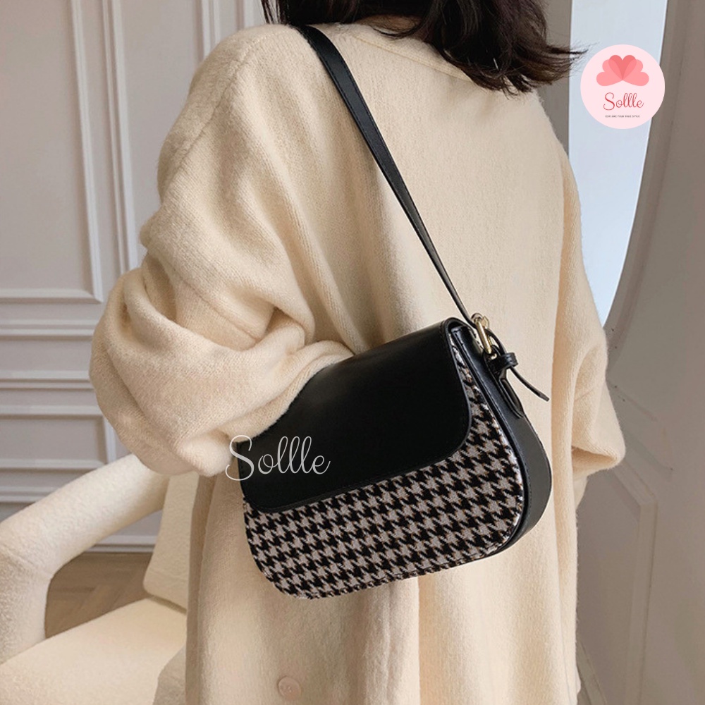 Túi xách nữ đeo chéo da lì nhỏ gọn nhiều ngăn kẹp nách caro răng sói nâu đen Ulzzang Sollle