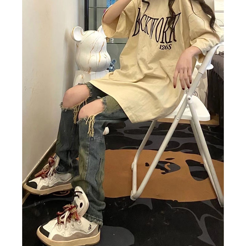 ◇┋✗Quần Jeans Dài Rách Gối Dáng Rộng Thời Trang Mùa Hè Phong Cách Hip Hop Đường Phố Cổ Điển Cho Nữ