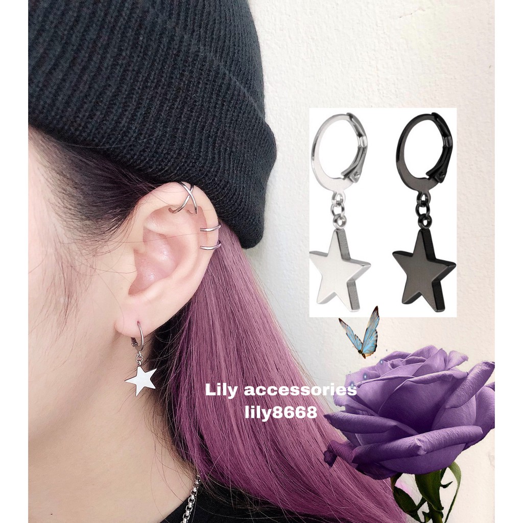 Star Dangle Earring khuyên tai titan ngôi sao không dị ứng không đen không gỉ nam nữ unisex