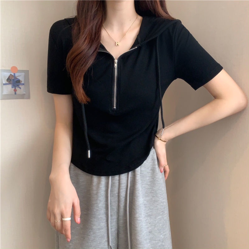 Áo Thun Thể Thao Ngắn Tay Có Mũ Phối Khóa Kéo Thời Trang Mùa Hè Cho Nữ