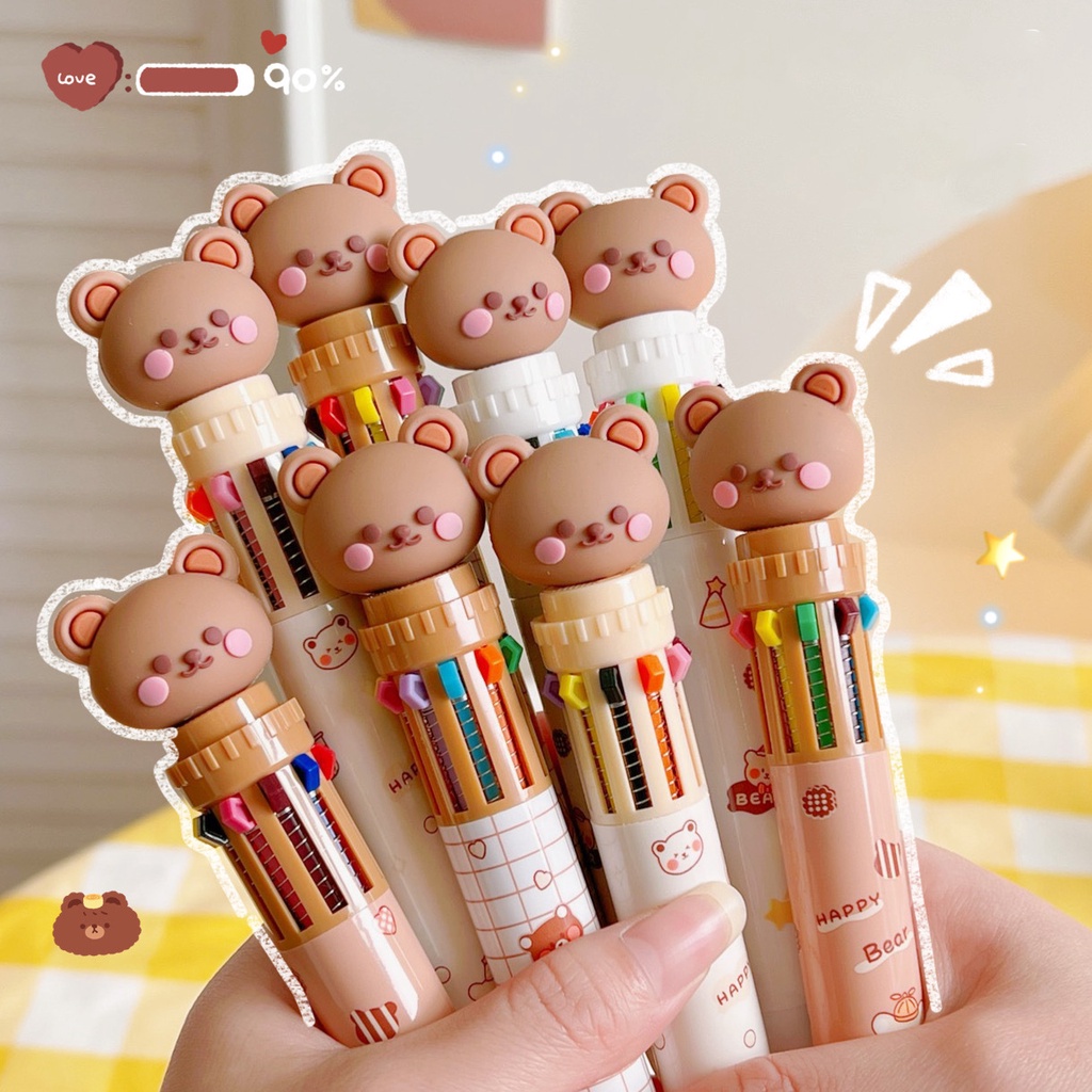 Bút Bi 10 Ngòi Trong 1 Đính Charm Moka, Hình Gấu Nâu Cute Bear