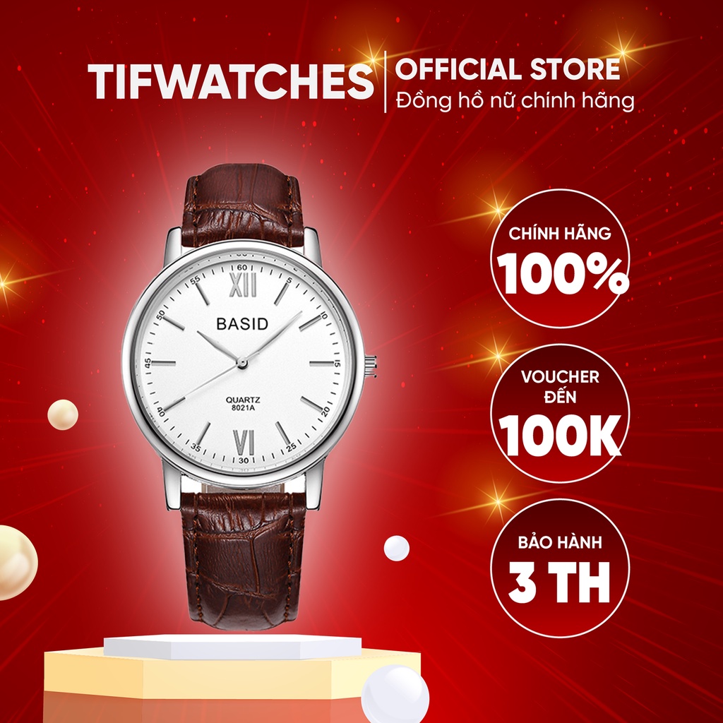 Đồng hồ cặp nam nữ dây da cá sấu BASID KIM nâu mặt trắng đồng hồ đôi chính hãng Watchesbytif size 30mm & size 38mm