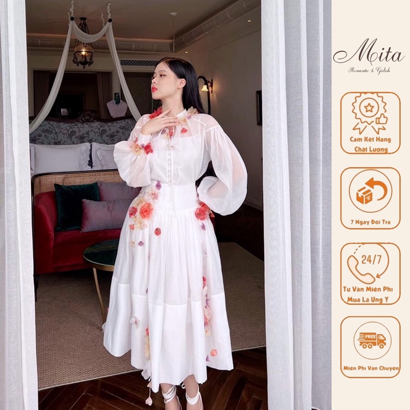Mita Boutique - Set Váy Nữ Chân Váy Dài Kết Hợp Áo Sơ Mi Đính Hoa Tiểu Thư Mya - MIDA0100