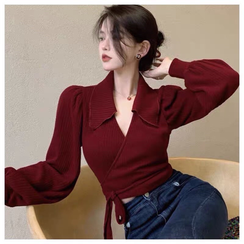 áo  lcrop top cổ bẻ cột nơ đắp chéo phong cách hàn quốc siêu xinh