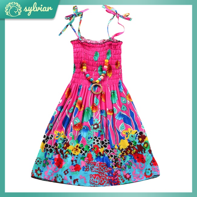 [sylviar] Đầm Công Chúa Đi Biển Xếp Ly Hai Dây + Vòng Cổ Nhiều Màu Sắc Bằng Cotton Cho Bé Gái
