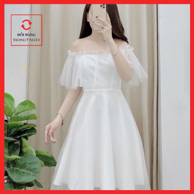 Váy trắng dự tiệc tiểu thư trễ vai Lovely Dress dáng xòe- Nàng Home ,đi cưới và dự tiệc chụp ảnh kỷ yếu