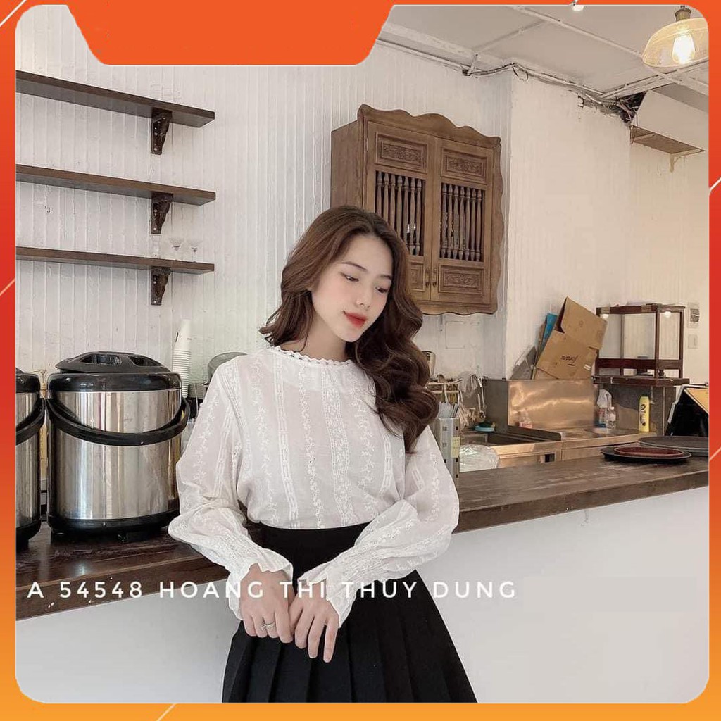 💥Áo sơ mi trắng cổ tròn nữ ren đũi, tay chun dáng rộng kiểu Hàn Quốc💥