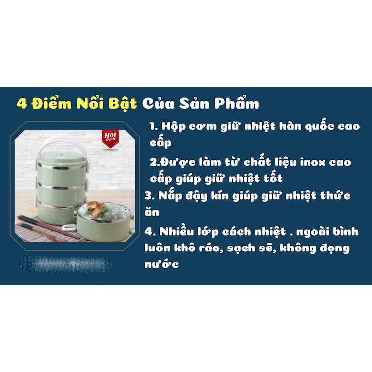 Cặp lồng giữ nhiệt 3 tầng tiền lợi, kiểu dáng sang trọng, lớp inox 304 chống gỉ, an toàn vệ sinh