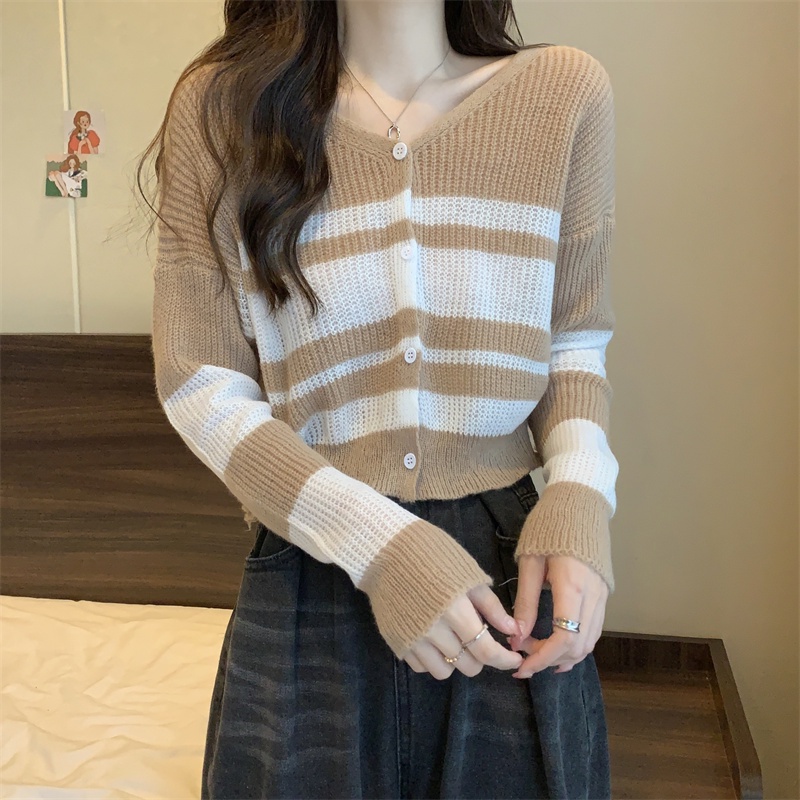 Áo cardigan SUXI dệt kim mỏng tay dài cổ chữ V dáng rộng họa tiết kẻ sọc phong cách cổ điển Hàn Quốc cho nữ