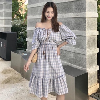 Order váy trễ vai kẻ caro (có ảnh thật )